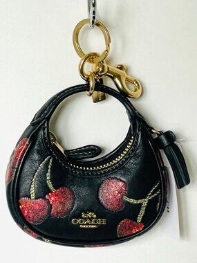 Coach Carmen Cherry Print Charm Black Leather Keychain CDB52 Bag Charm
